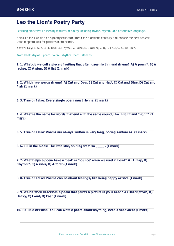 Free Poetry Quiz | Year 1 Core | BookFlik worksheet preview — English Poetry