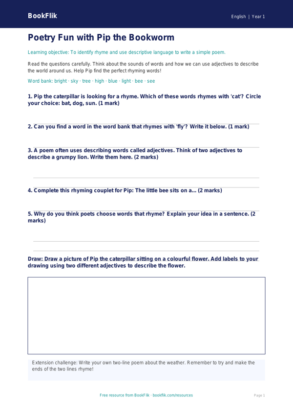Free Poetry Worksheet | Year 1 Core | BookFlik worksheet preview — English Poetry