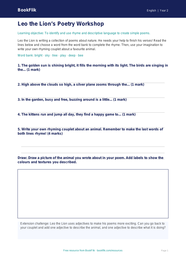 Free Poetry Activity Sheet | Year 2 Core | BookFlik worksheet preview — English Poetry