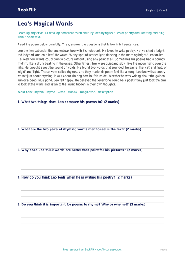 Free Poetry Comprehension Worksheet | Year 2 Core | BookFlik worksheet preview — English Poetry