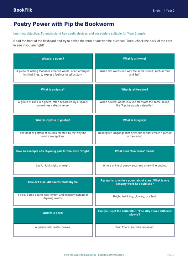 Free Poetry Flashcards | Year 2 Core | BookFlik worksheet preview — English Poetry