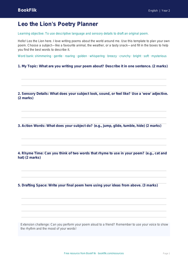 Free Poetry Template | Year 2 Core | BookFlik worksheet preview — English Poetry