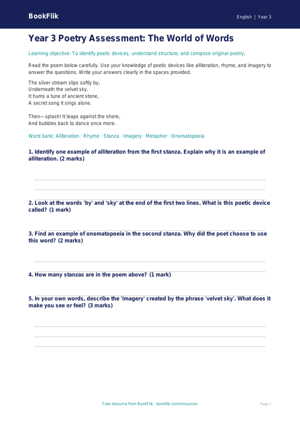 Free Poetry Assessment | Year 3 Core | BookFlik worksheet preview — English Poetry
