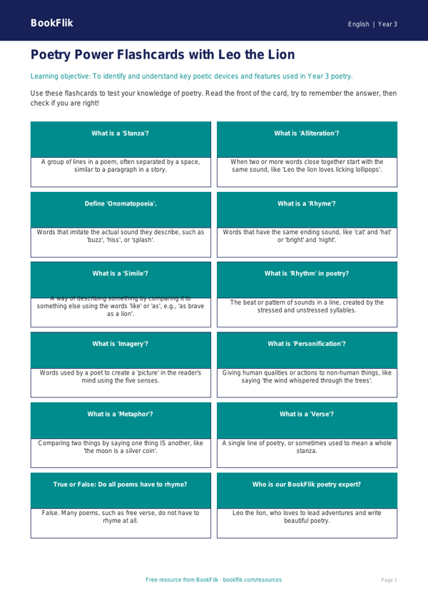 Free Poetry Flashcards | Year 3 Core | BookFlik worksheet preview — English Poetry