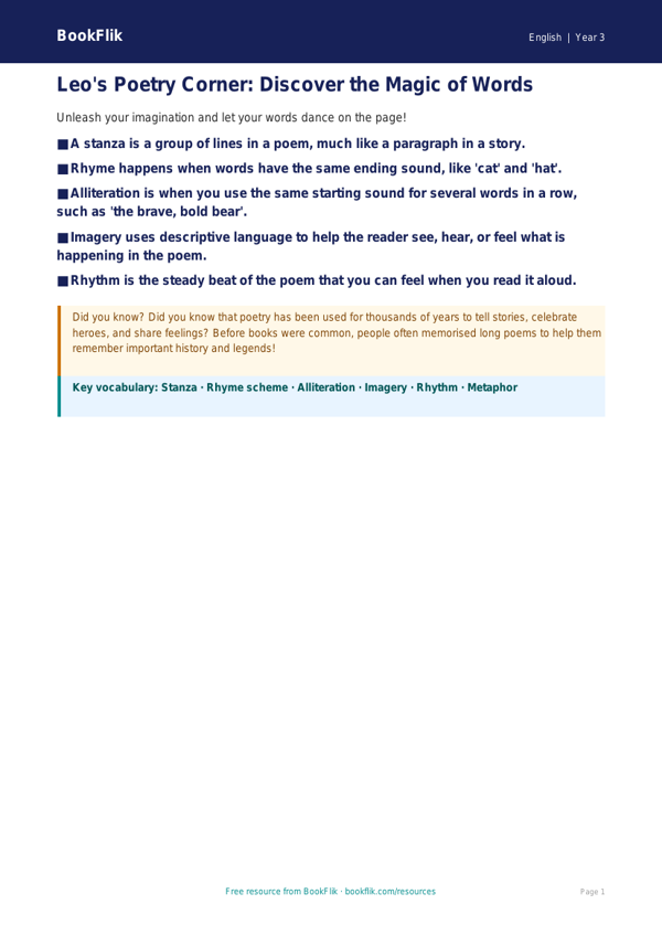 Free Poetry Poster | Year 3 Core | BookFlik worksheet preview — English Poetry