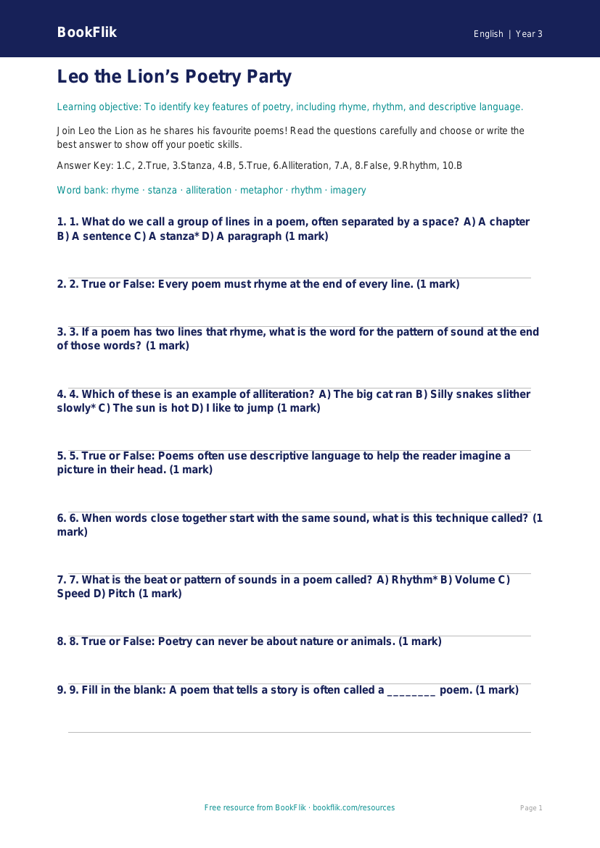 Free Poetry Quiz | Year 3 Core | BookFlik worksheet preview — English Poetry