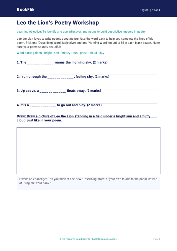 Free Poetry Activity Sheet | Year 4 Supported | BookFlik worksheet preview — English Poetry