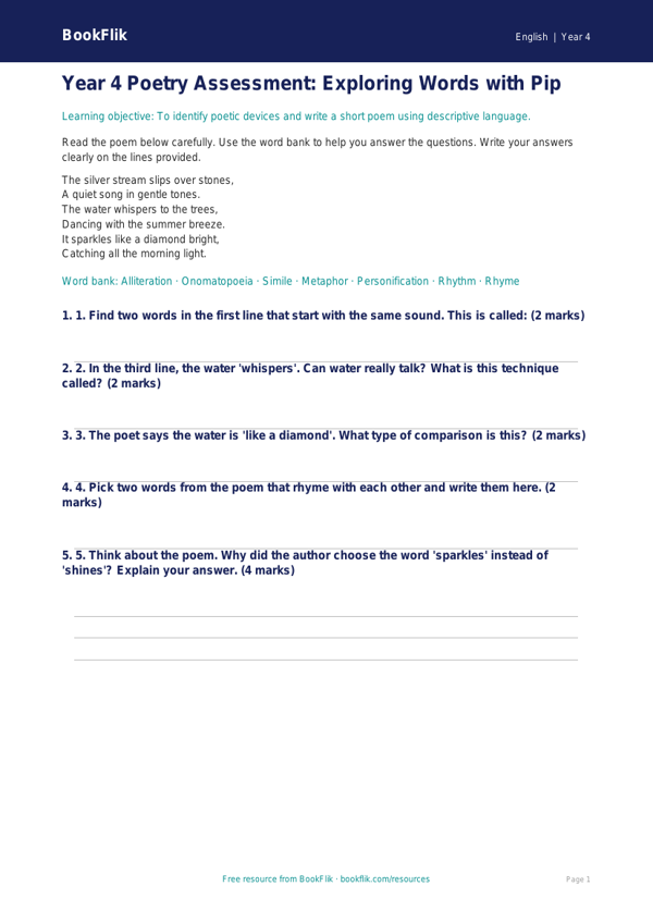 Free Poetry Assessment | Year 4 Supported | BookFlik worksheet preview — English Poetry