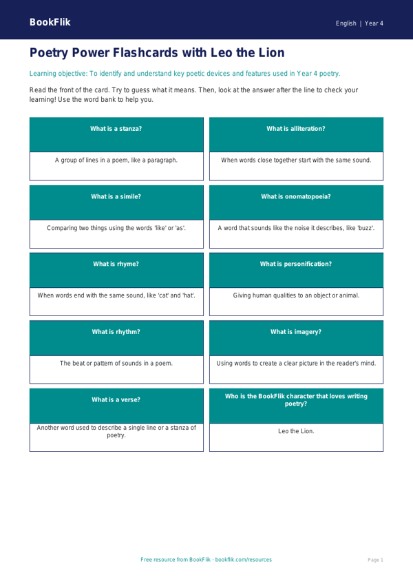 Free Poetry Flashcards | Year 4 Supported | BookFlik worksheet preview — English Poetry