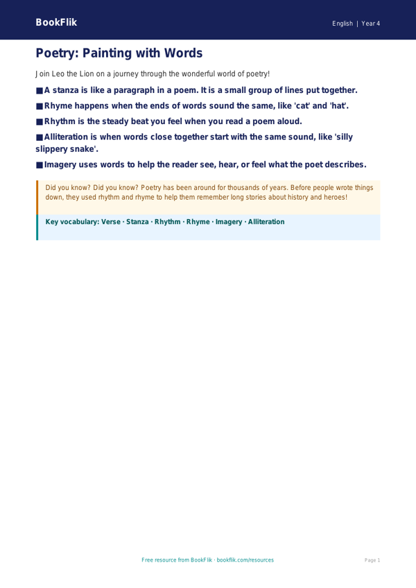 Free Poetry Poster | Year 4 Supported | BookFlik worksheet preview — English Poetry