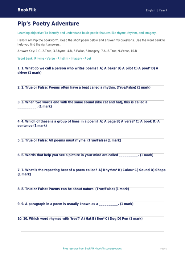 Free Poetry Quiz | Year 4 Supported | BookFlik worksheet preview — English Poetry