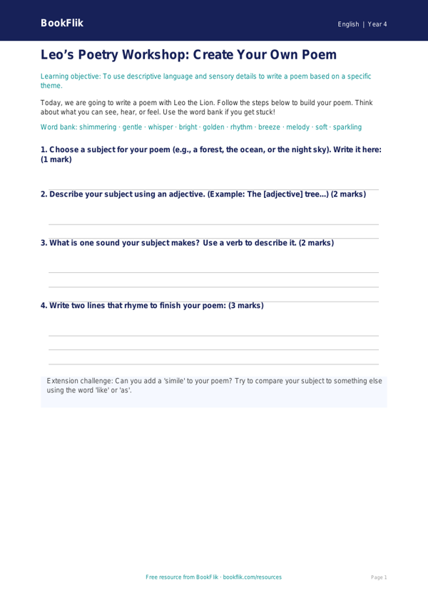 Free Poetry Template | Year 4 Supported | BookFlik worksheet preview — English Poetry