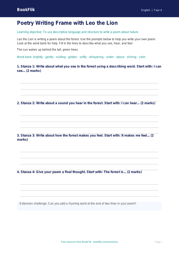 Free Poetry Writing Frame | Year 4 Supported | BookFlik worksheet preview — English Poetry