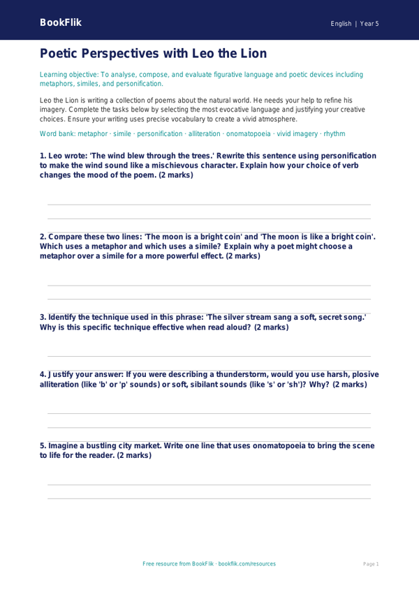 Free Poetry Activity Sheet | Year 5 Greater Depth | BookFlik worksheet preview — English Poetry