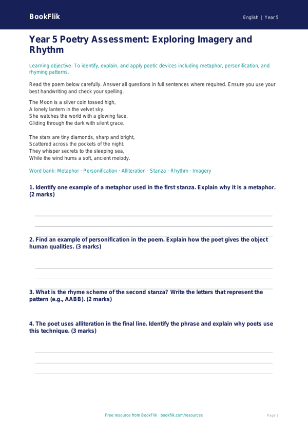 Free Poetry Assessment | Year 5 Core | BookFlik worksheet preview — English Poetry