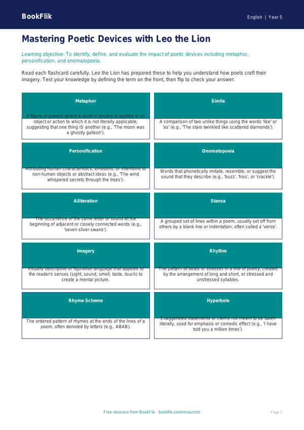 Free Poetry Flashcards | Year 5 Greater Depth | BookFlik worksheet preview — English Poetry