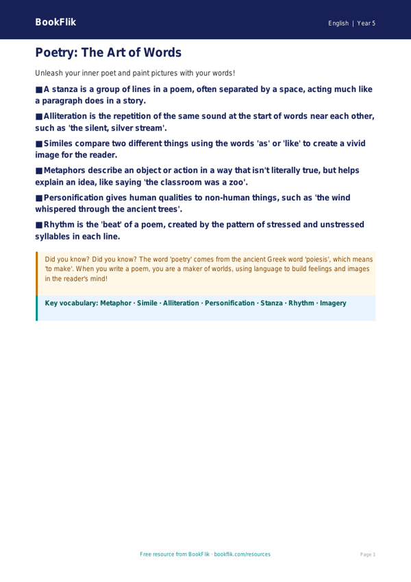 Free Poetry Poster | Year 5 Core | BookFlik worksheet preview — English Poetry