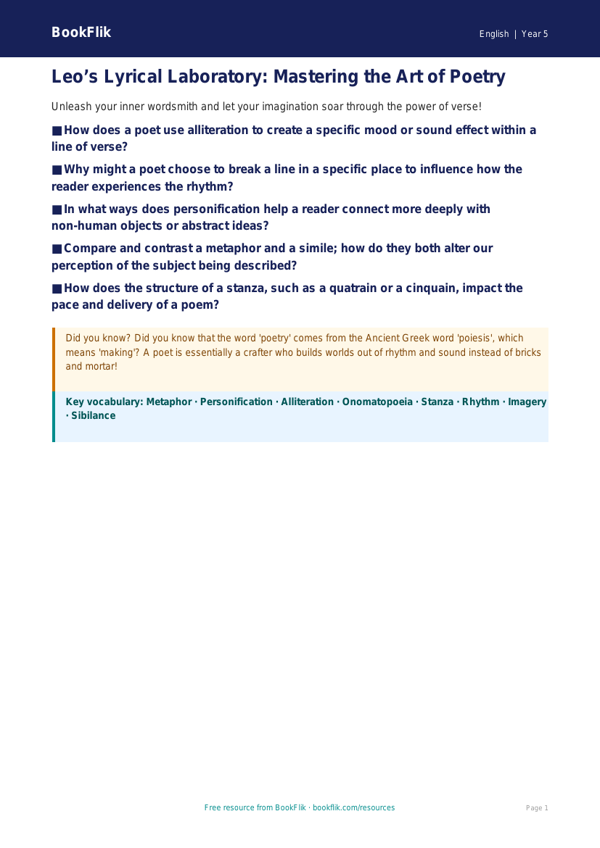 Free Poetry Poster | Year 5 Greater Depth | BookFlik worksheet preview — English Poetry