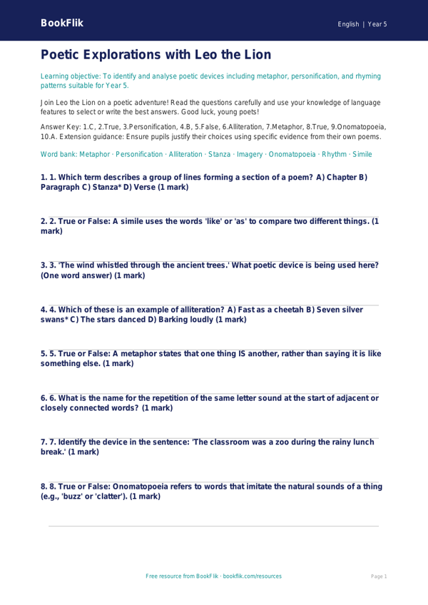 Free Poetry Quiz | Year 5 Greater Depth | BookFlik worksheet preview — English Poetry