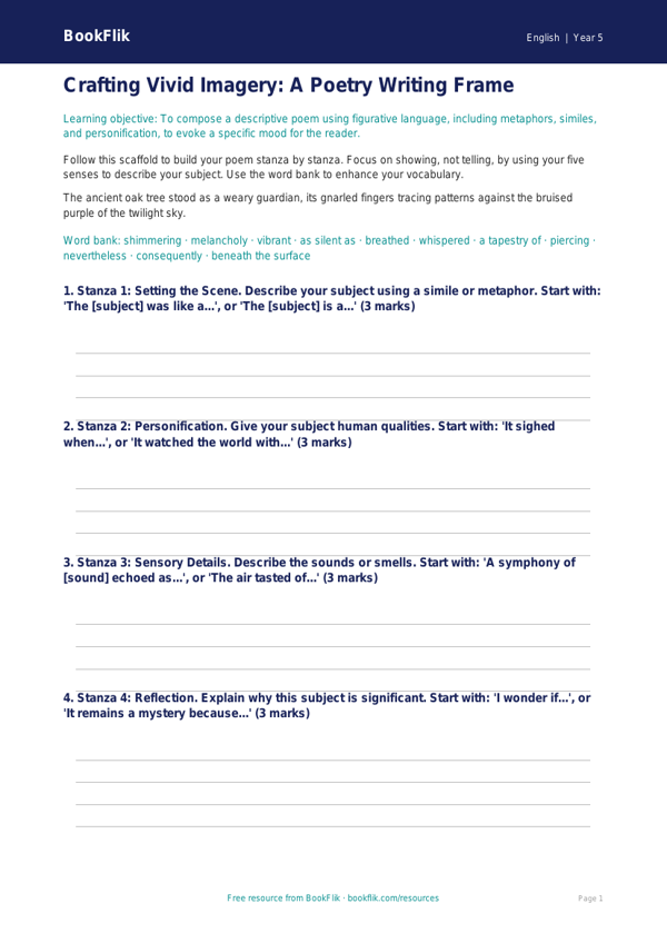 Free Poetry Writing Frame | Year 5 Greater Depth | BookFlik worksheet preview — English Poetry