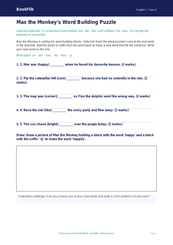 Free Prefixes And Suffixes Activity Sheet | Year 4 Supported | BookFlik worksheet preview — English Prefixes And Suffixes