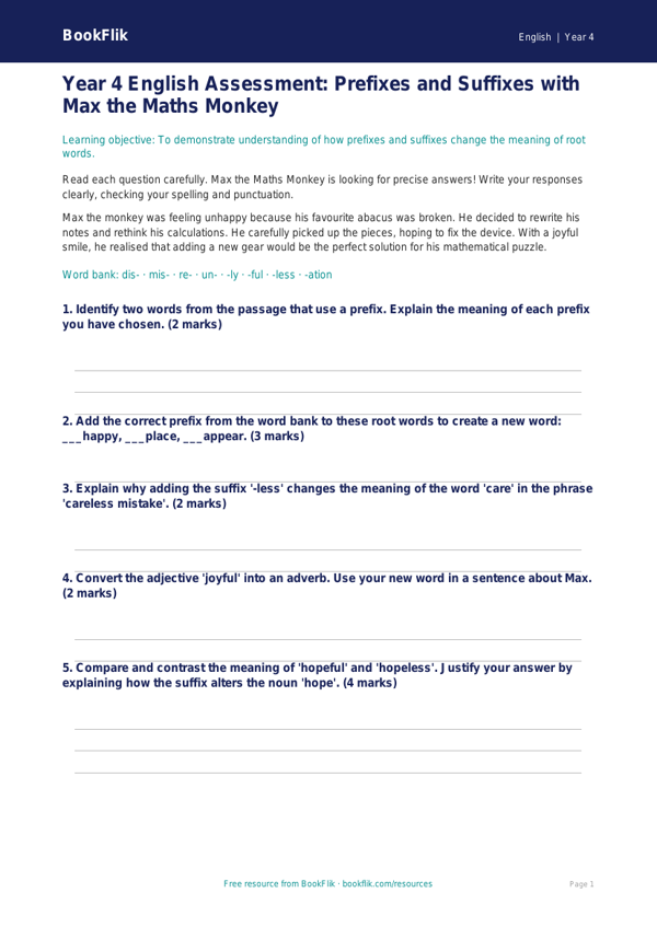Free Prefixes And Suffixes Assessment | Year 4 Greater Depth | BookFlik worksheet preview — English Prefixes And Suffixes