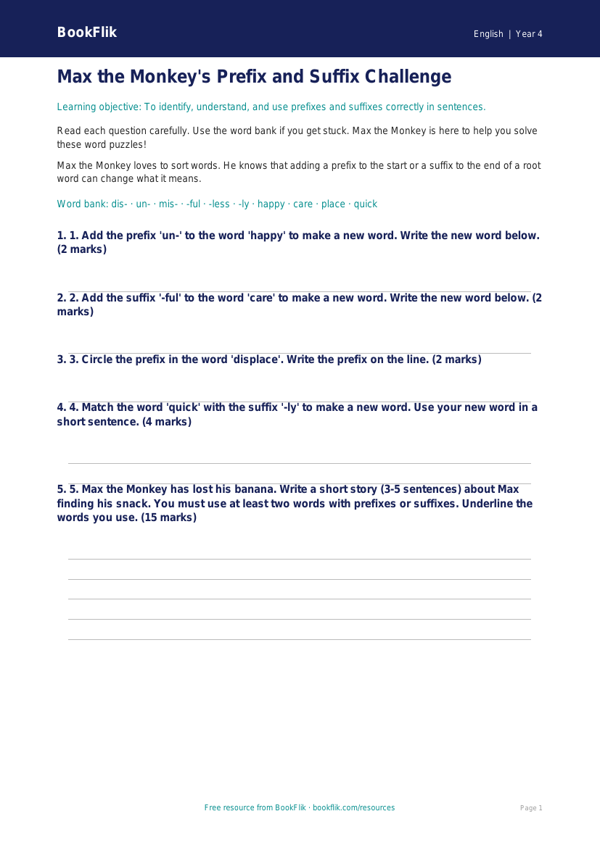Free Prefixes And Suffixes Assessment | Year 4 Supported | BookFlik worksheet preview — English Prefixes And Suffixes
