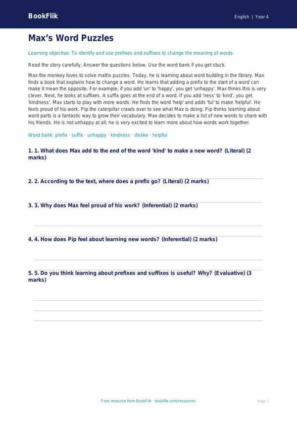 Free Prefixes And Suffixes Comprehension | Year 4 Supported | BookFlik worksheet preview — English Prefixes And Suffixes