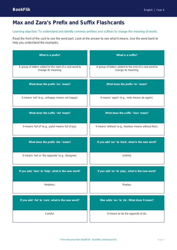 Free Prefixes And Suffixes Flashcards | Year 4 Supported | BookFlik worksheet preview — English Prefixes And Suffixes