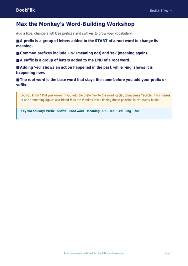 Free Prefixes And Suffixes Poster | Year 4 Supported | BookFlik worksheet preview — English Prefixes And Suffixes