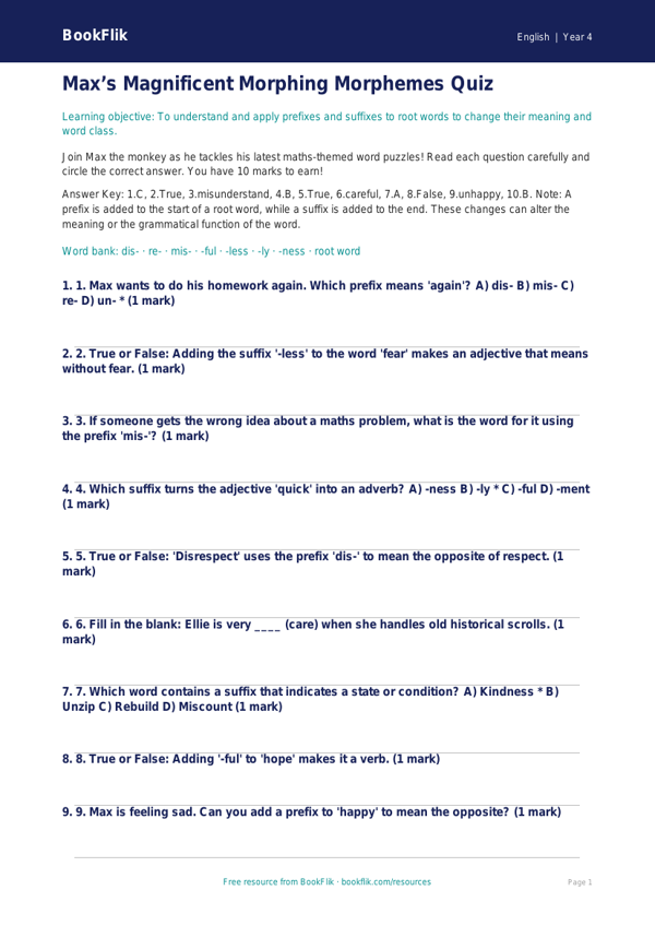 Free Prefixes And Suffixes Quiz | Year 4 Greater Depth | BookFlik worksheet preview — English Prefixes And Suffixes