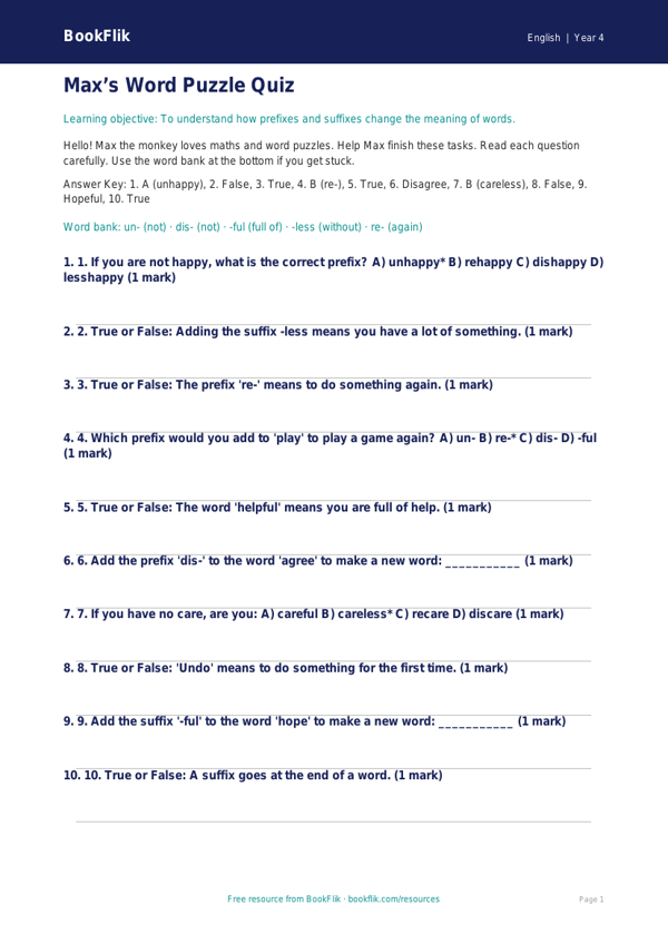 Free Prefixes And Suffixes Quiz | Year 4 Supported | BookFlik worksheet preview — English Prefixes And Suffixes