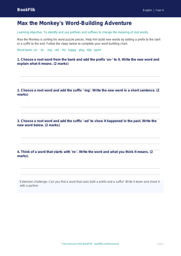 Free Prefixes And Suffixes Template | Year 4 Supported | BookFlik worksheet preview — English Prefixes And Suffixes