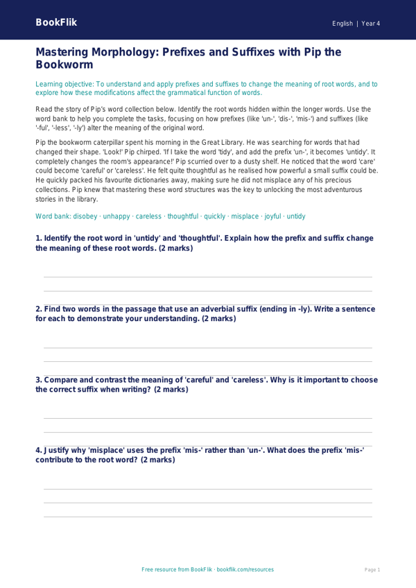 Free Prefixes And Suffixes Track Sheet | Year 4 Greater Depth | BookFlik worksheet preview — English Prefixes And Suffixes