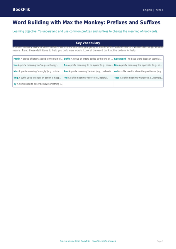 Free Prefixes And Suffixes Word Mat | Year 4 Supported | BookFlik worksheet preview — English Prefixes And Suffixes