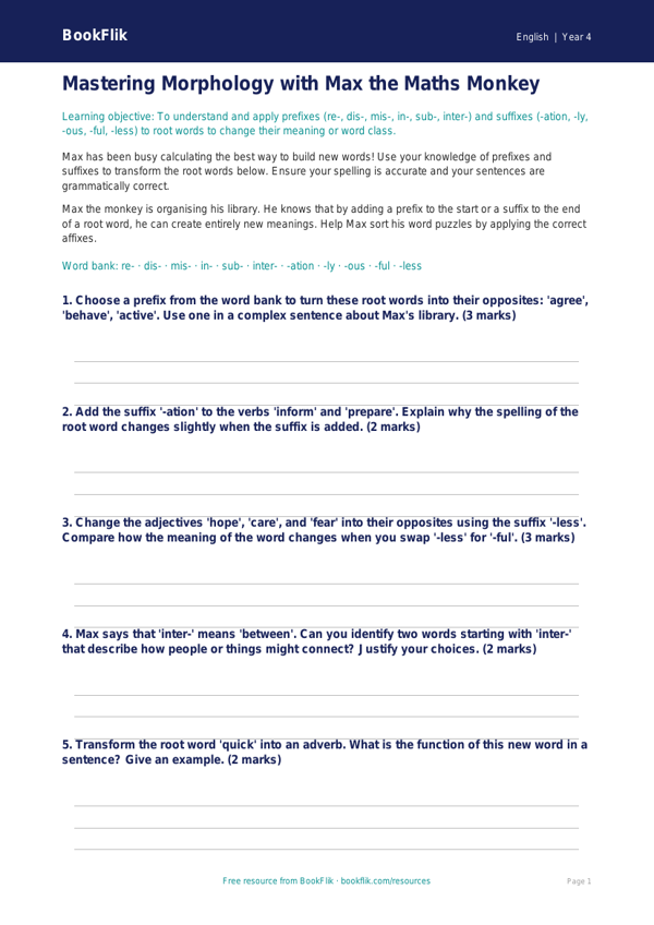 Free Prefixes And Suffixes Worksheet | Year 4 Greater Depth | BookFlik worksheet preview — English Prefixes And Suffixes