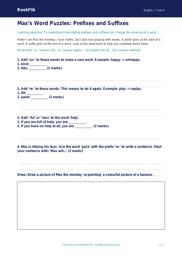 Free Prefixes And Suffixes Worksheet | Year 4 Supported | BookFlik worksheet preview — English Prefixes And Suffixes