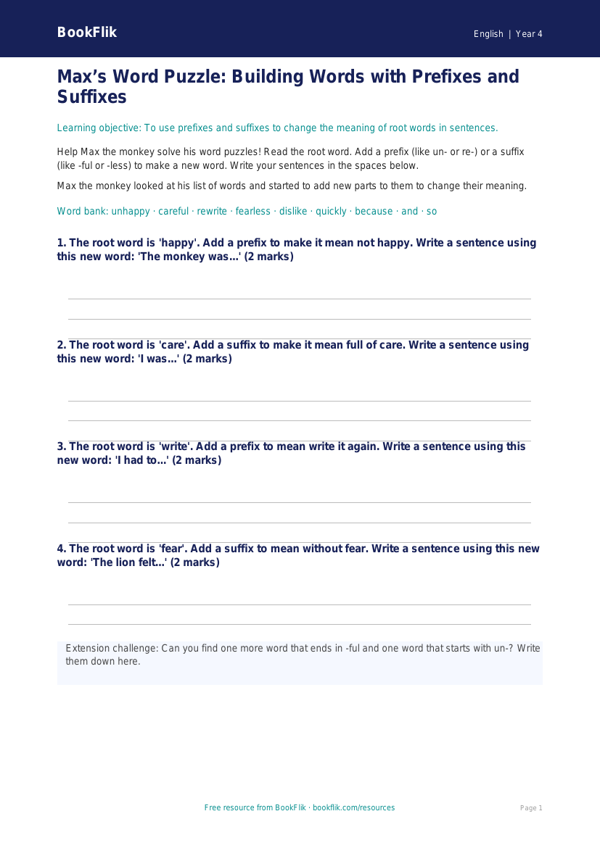 Free Prefixes And Suffixes Writing Frame | Year 4 Supported | BookFlik worksheet preview — English Prefixes And Suffixes