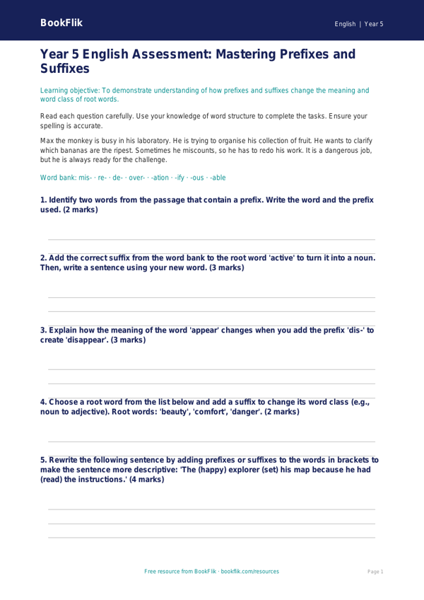 Free Prefixes And Suffixes Assessment | Year 5 Core | BookFlik worksheet preview — English Prefixes And Suffixes