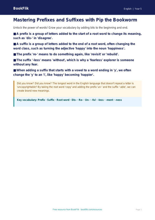 Free Prefixes And Suffixes Poster | Year 5 Core | BookFlik worksheet preview — English Prefixes And Suffixes