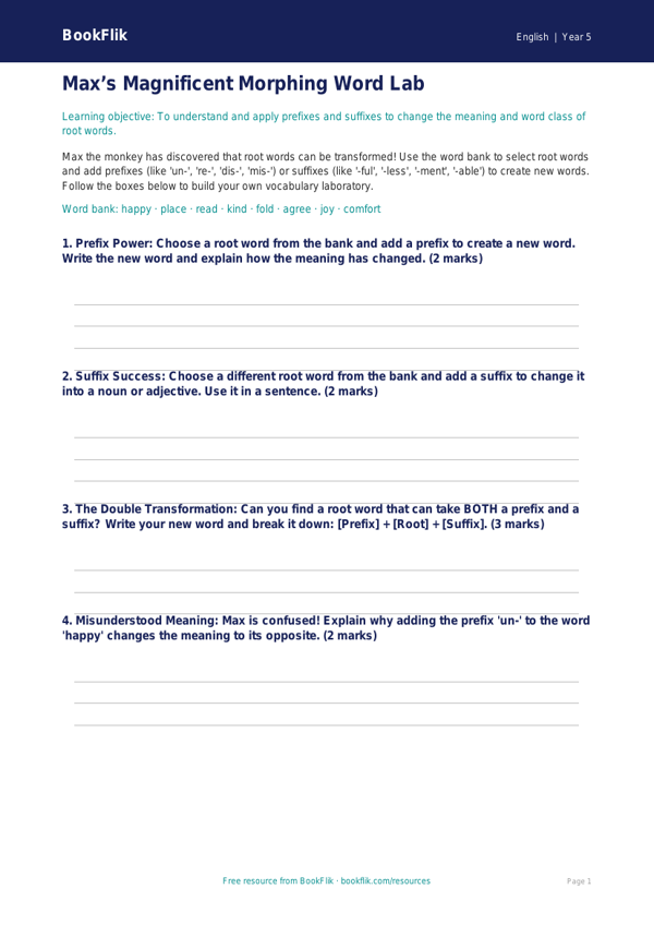 Free Prefixes And Suffixes Template | Year 5 Core | BookFlik worksheet preview — English Prefixes And Suffixes