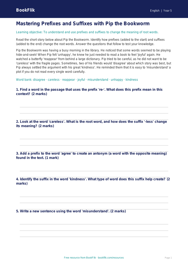 Free Prefixes And Suffixes Track Sheet | Year 5 Core | BookFlik worksheet preview — English Prefixes And Suffixes