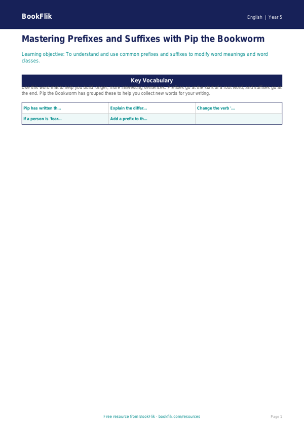 Free Prefixes And Suffixes Word Mat | Year 5 Core | BookFlik worksheet preview — English Prefixes And Suffixes