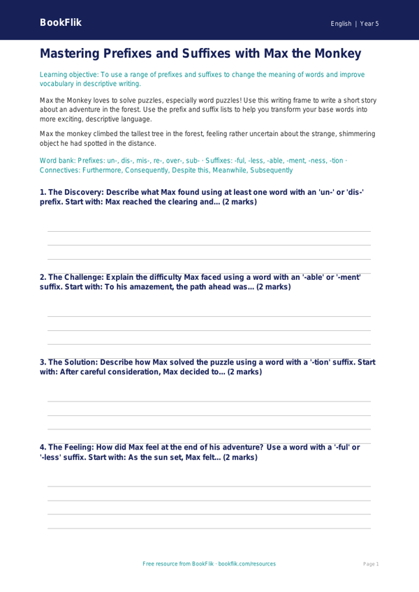 Free Prefixes And Suffixes Writing Frame | Year 5 Core | BookFlik worksheet preview — English Prefixes And Suffixes