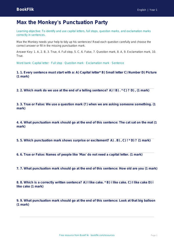 Free Punctuation Quiz | Year 1 Core | BookFlik worksheet preview — English Punctuation