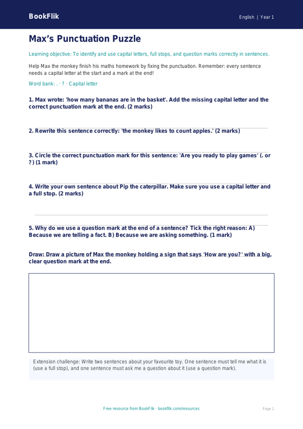 Free Punctuation Worksheet | Year 1 Core | BookFlik worksheet preview — English Punctuation