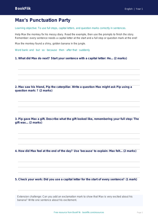 Free Punctuation Writing Frame | Year 1 Core | BookFlik worksheet preview — English Punctuation