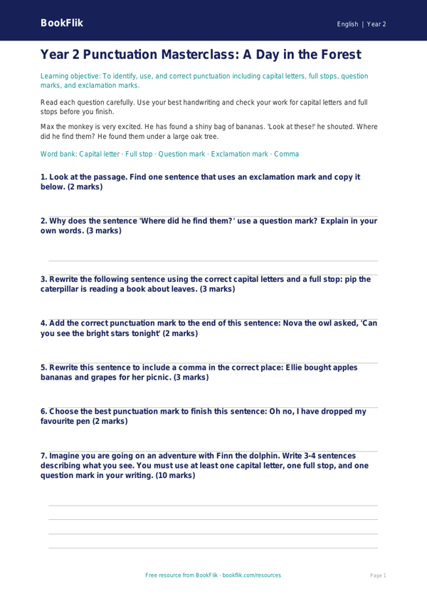 Free Punctuation Assessment | Year 2 Core | BookFlik worksheet preview — English Punctuation