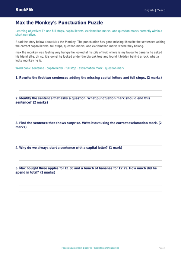 Free Punctuation Track Sheet | Year 3 Core | BookFlik worksheet preview — English Punctuation