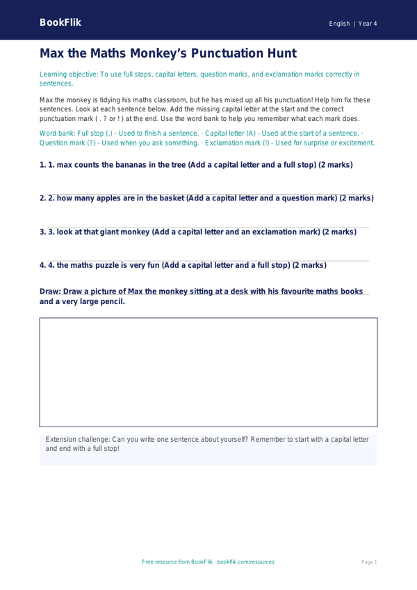 Free Punctuation Activity Sheet | Year 4 Supported | BookFlik worksheet preview — English Punctuation